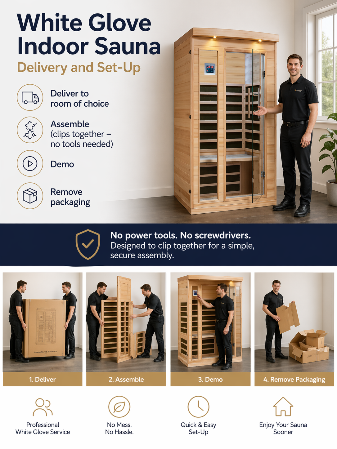 White Glove Indoor Sauna Delivery and Set-Up Deliver to room of choice, assemble, demo, remove packaging