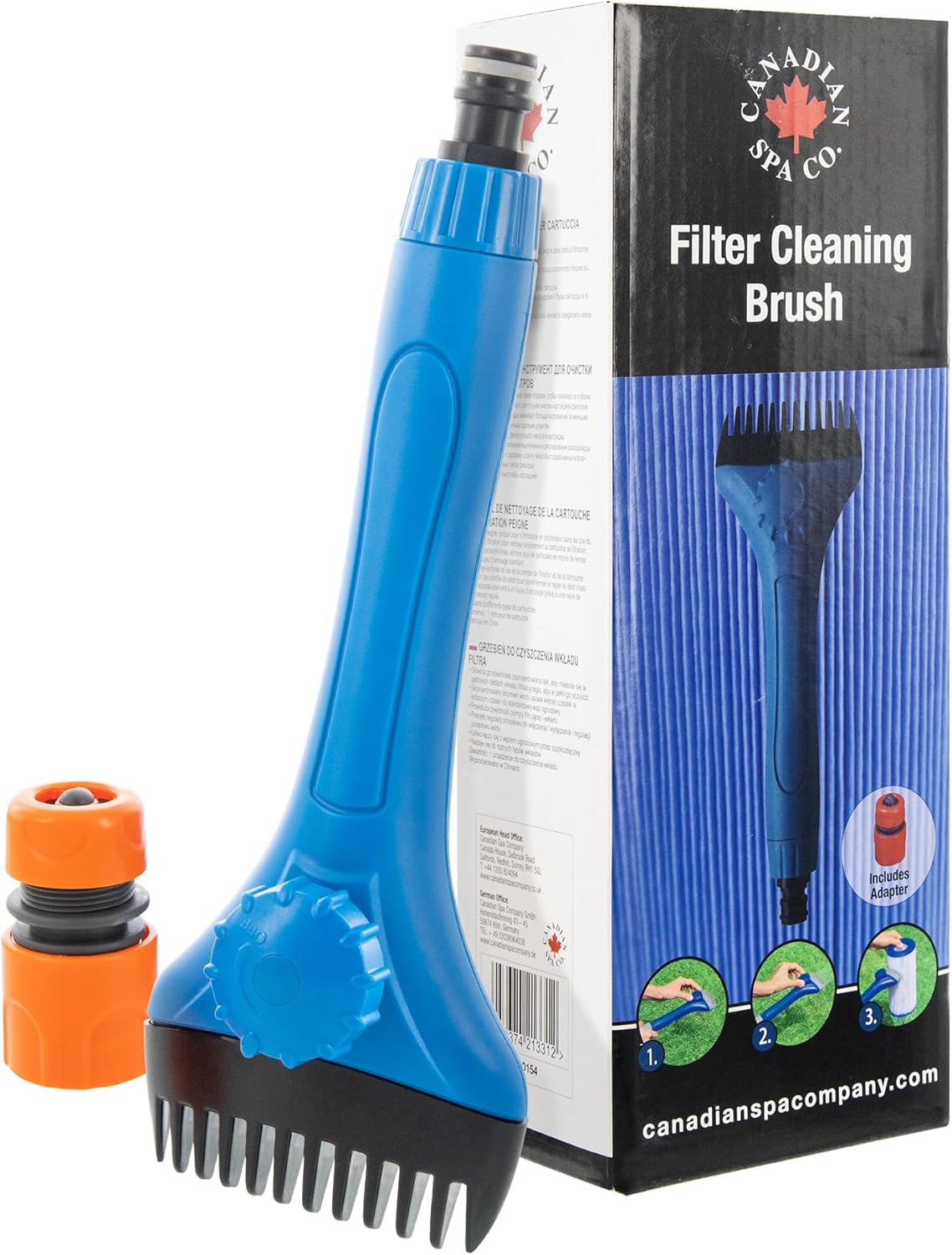 Easy use filter cleaning brush. Attach to garden hose with connector included.