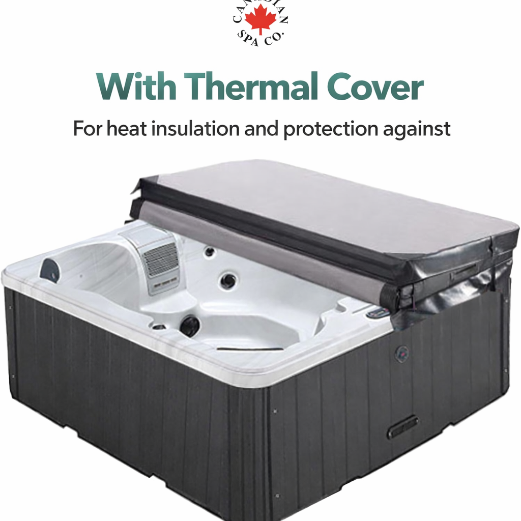 Hot tub with a thermal cover on a white background, featuring the Canadian Spa Co brand.