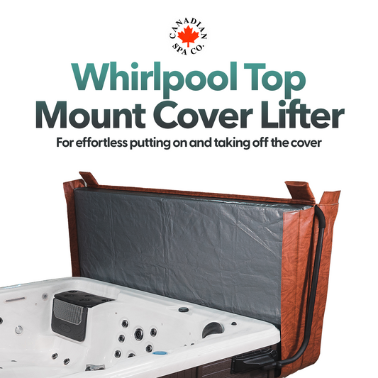 A black anodized aluminium cover lifter with foam grip handles and a 3 hook towel holder, placed over a hot tub to illustrate
