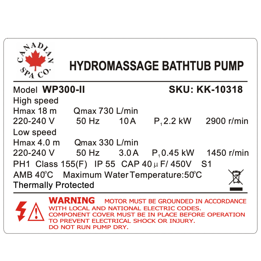 2.6" x 2" 4HP 2Speed Pump WP300II Hot tubs, swim spas and saunas