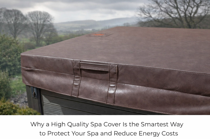 Close up of a brown insulated spa cover with reinforced handle on an outdoor hot tub in a misty UK garden setting, highlighting durable vinyl material and weather resistant design for year round energy efficient spa protection.