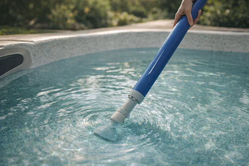 Manual hot tub vacuum in use under water, cleaning the spa floor and removing fine debris from clear hot tub water.