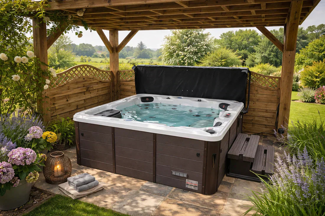 Toronto outdoor spa in a garden with wooden decking, a stylish retreat for relaxing wellness moments outdoors.