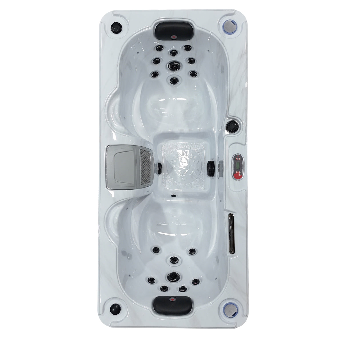 
Top view of a hot tub with control panel and seating areas on a white background