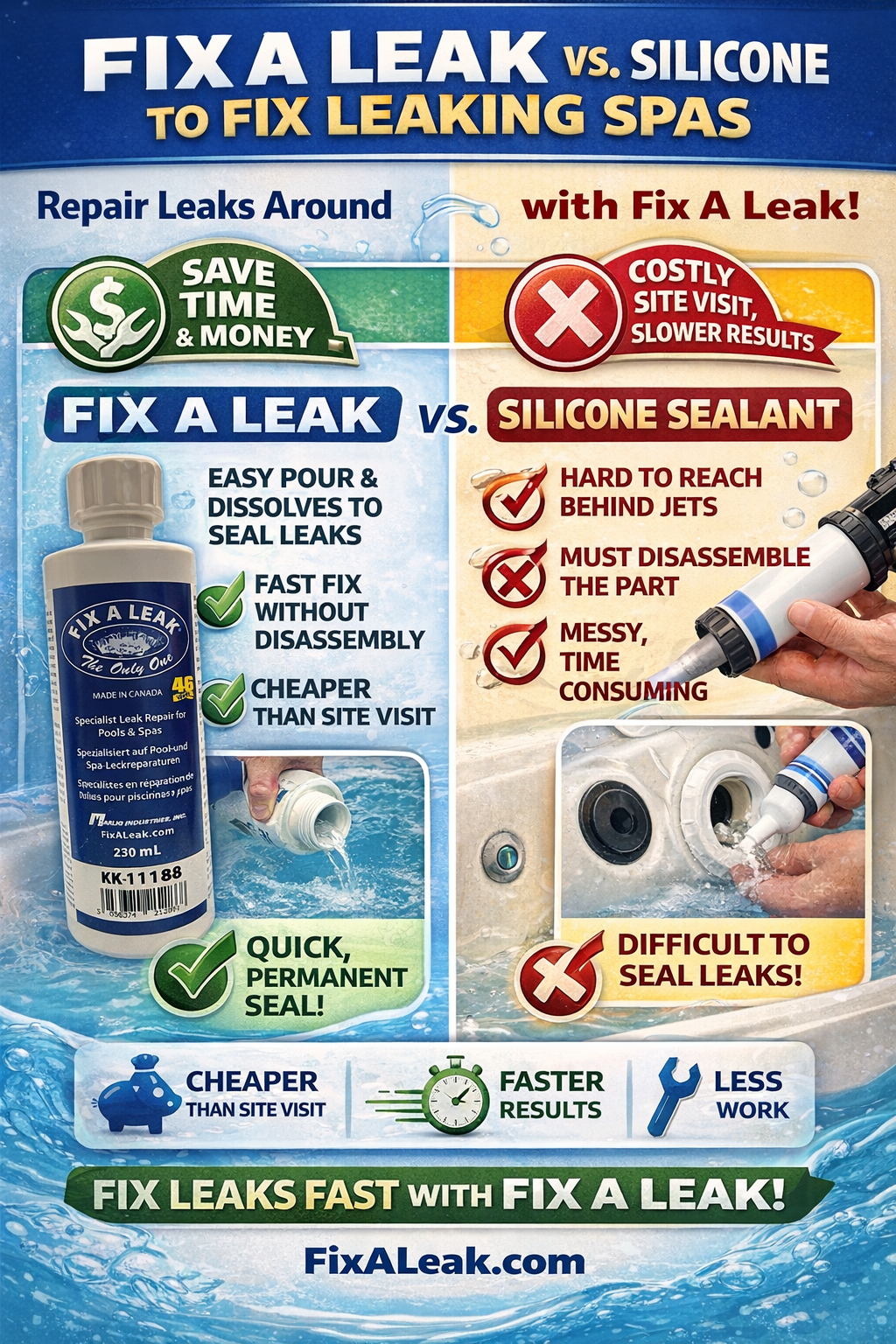 Comparison advertisement between Fix A Leak and silicone sealant for repairing leaking spas.