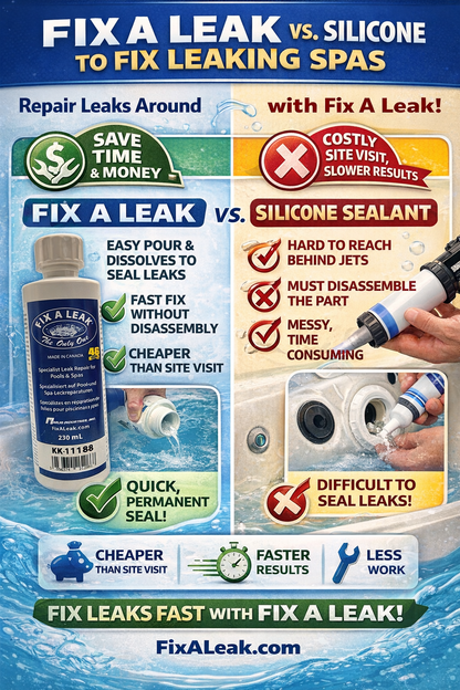Comparison advertisement between Fix A Leak and silicone sealant for repairing leaking spas.
