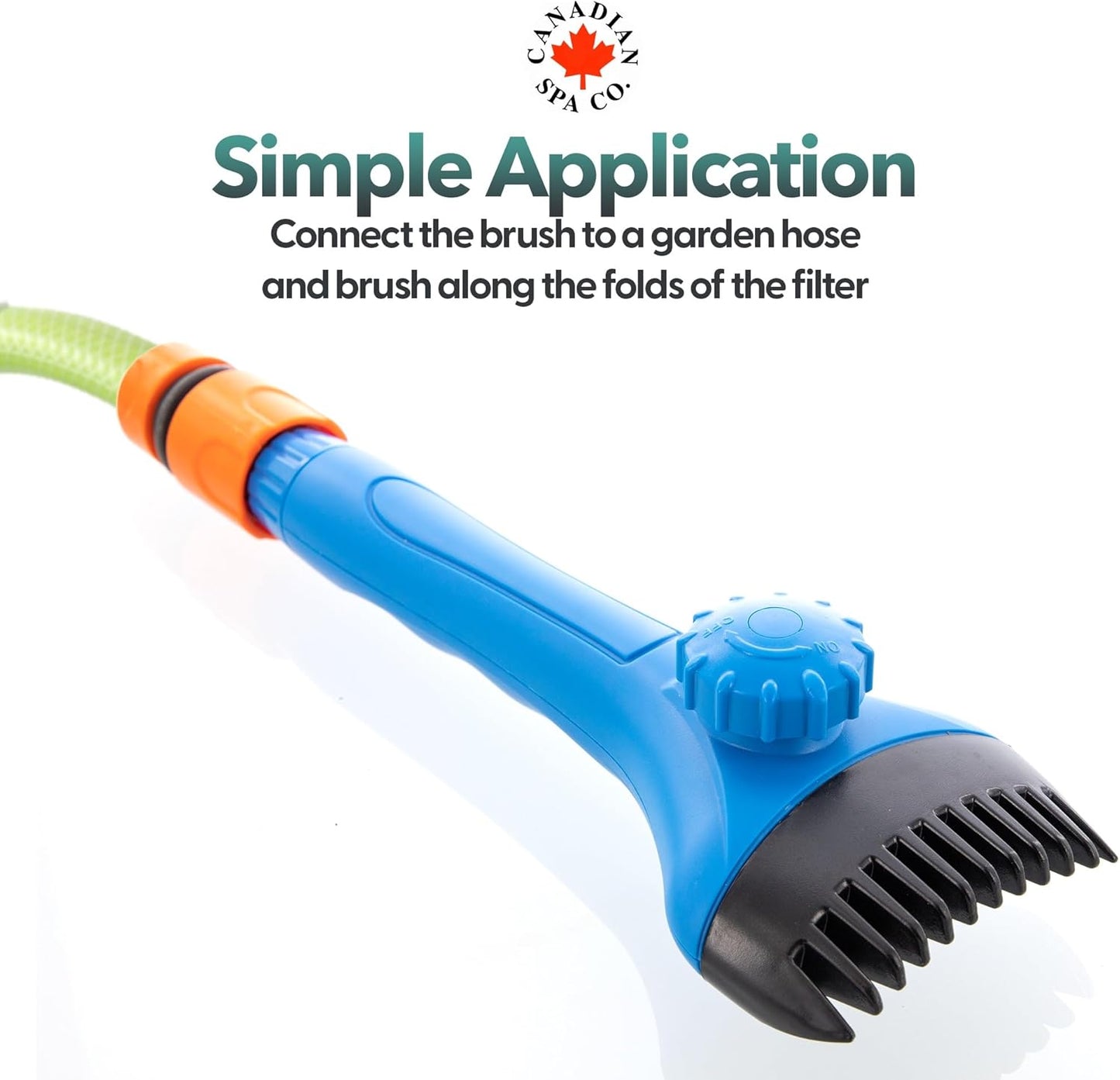 Easy use filter cleaning brush. Attach to garden hose with connector included.