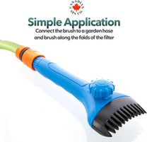 Easy use filter cleaning brush. Attach to garden hose with connector included.