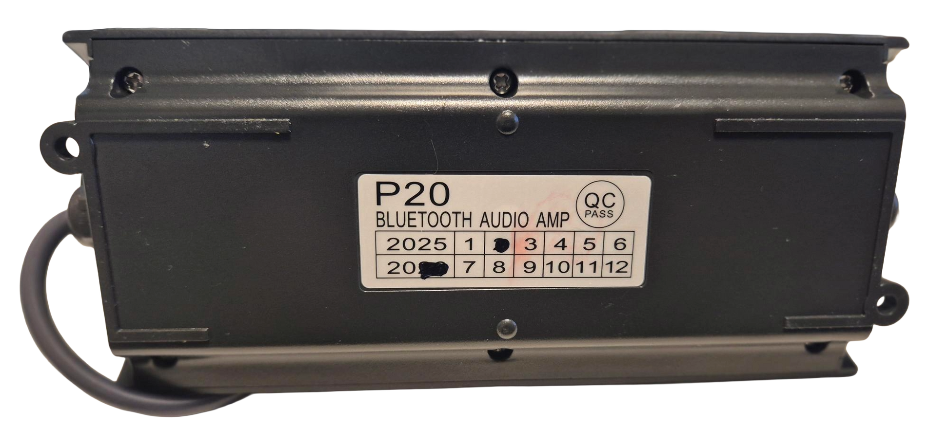 Black Bluetooth audio amplifier with model number P20 on a white background