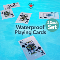 Waterproof playing cards with a brand logo on a blue water background