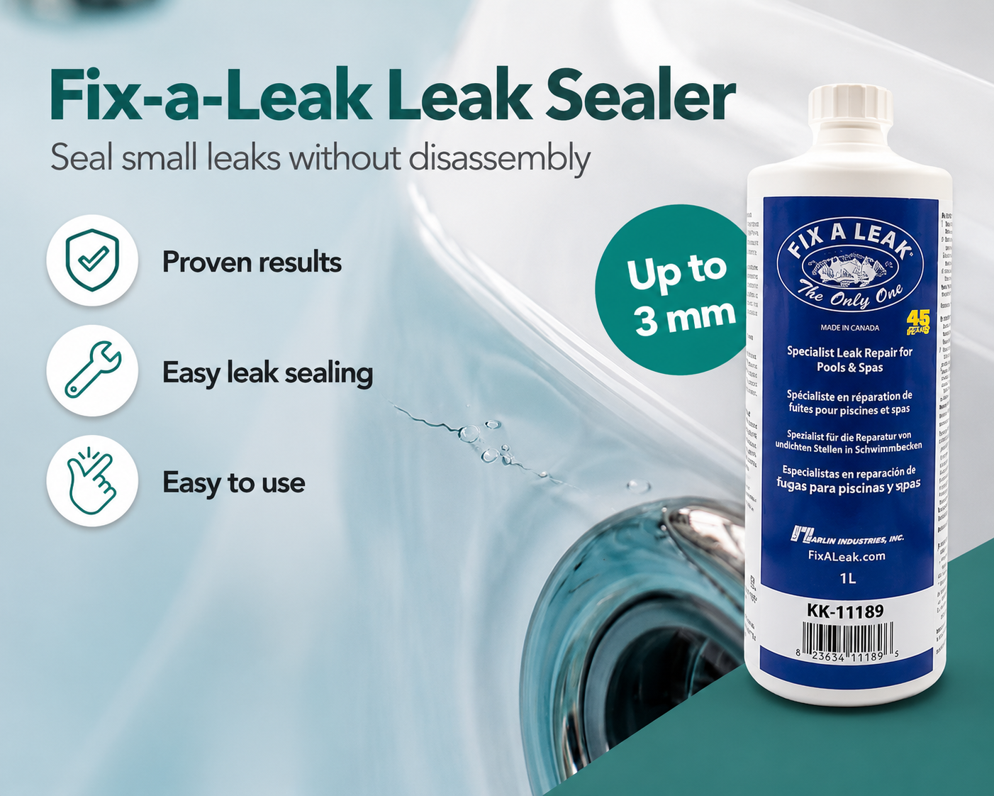 
Fix-a-Leak Leak Sealer bottle with product details on a blue background