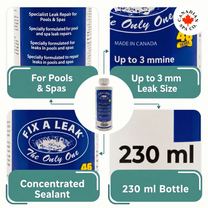 Product packaging for 'Fix a Leak' sealant with text and branding details.