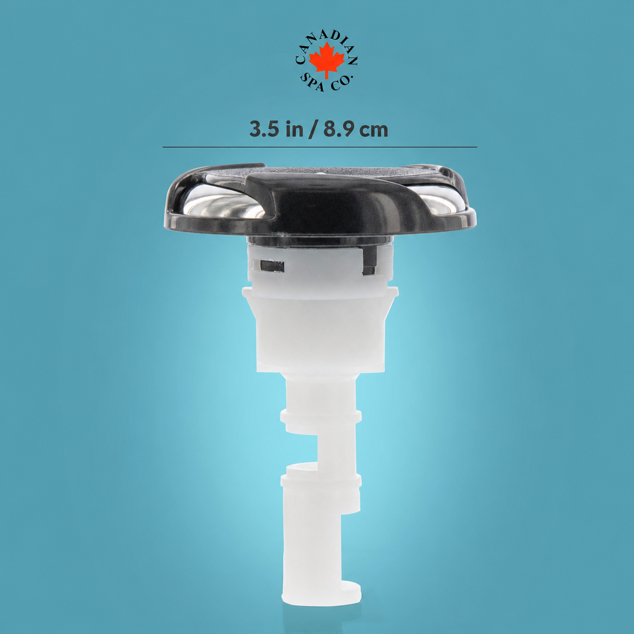 
A plastic spa faucet aerator or diffuser component with a black top cap and translucent white body, shown on a blue gradient 