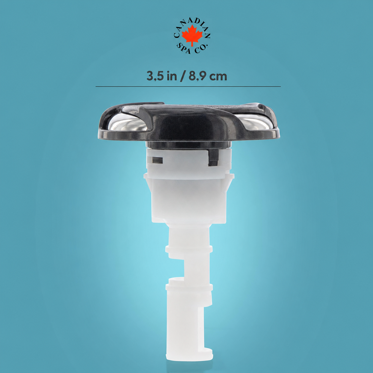 
A 5-inch plastic spa drain assembly with a black top cap and translucent white body, shown against a blue gradient background