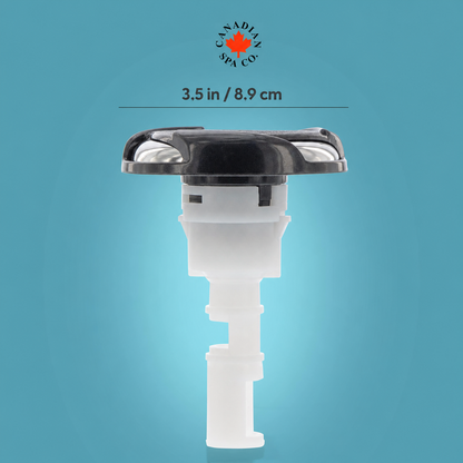 A 5-inch plastic spa drain assembly with a black top cap and translucent white body, shown against a blue gradient background with a Canadian Spa Co logo and size text above.