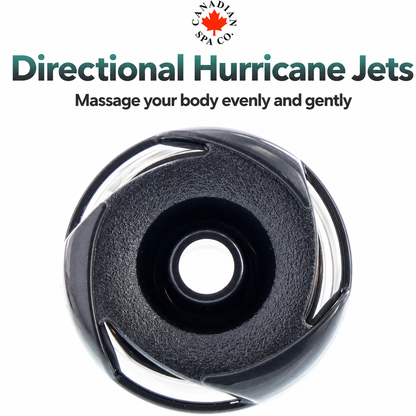 A black directional massage jet from Canada Spa Co., shown from a top-down view on a white background with product text above.