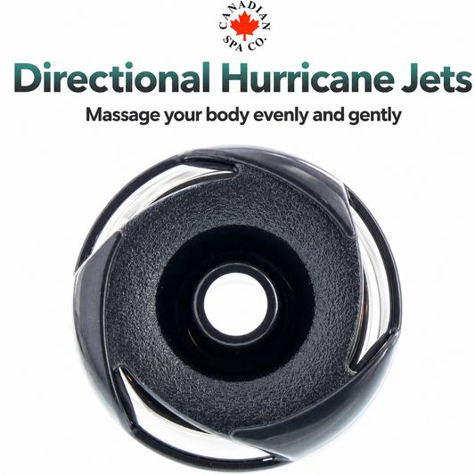 
A black directional massage jet from Canada Spa Co., shown from a top-down view on a white background with product text above