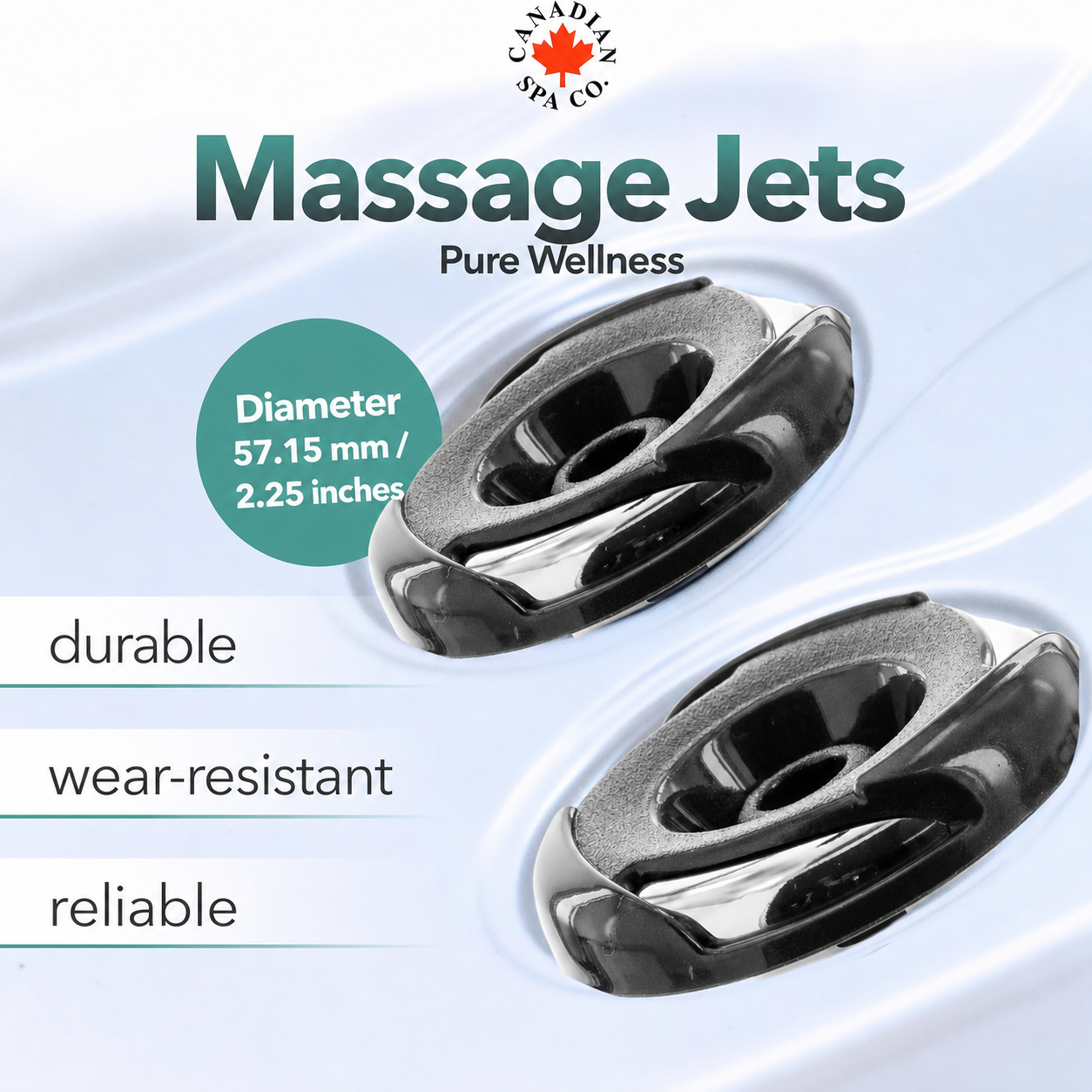 Two black oval massage jet nozzles shown on a light blue-white background with text reading 'Massage Jets', 'Pure Wellness',