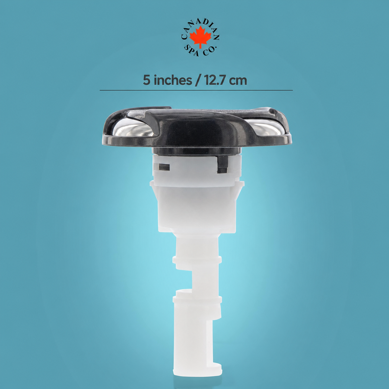 
A 5-inch plastic spa drain assembly with a black top cap and translucent white body, shown against a blue gradient background