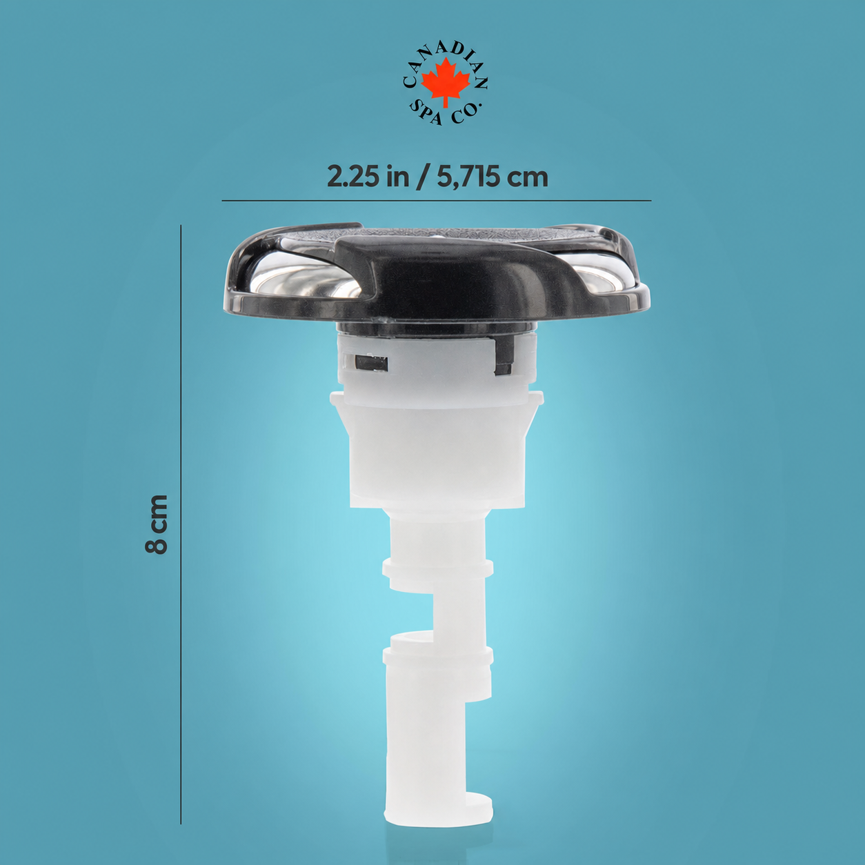 
A drain plug for a spa or bathtub, featuring a black top cap and a translucent white plastic body, shown with dimension marki