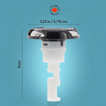 A drain plug for a spa or bathtub, featuring a black top cap and a translucent white plastic body, shown with dimension markings of 2.25 in (5,715 cm) in diameter and 8 cm in height, on a blue gradient background with the Canadian Spa Co logo.