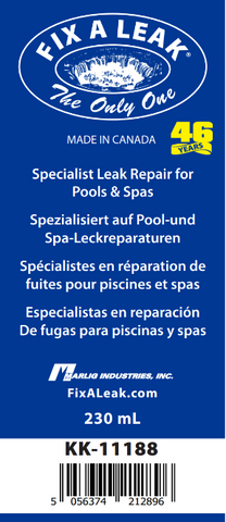 Fix a Leak product label with branding and product details on a blue background