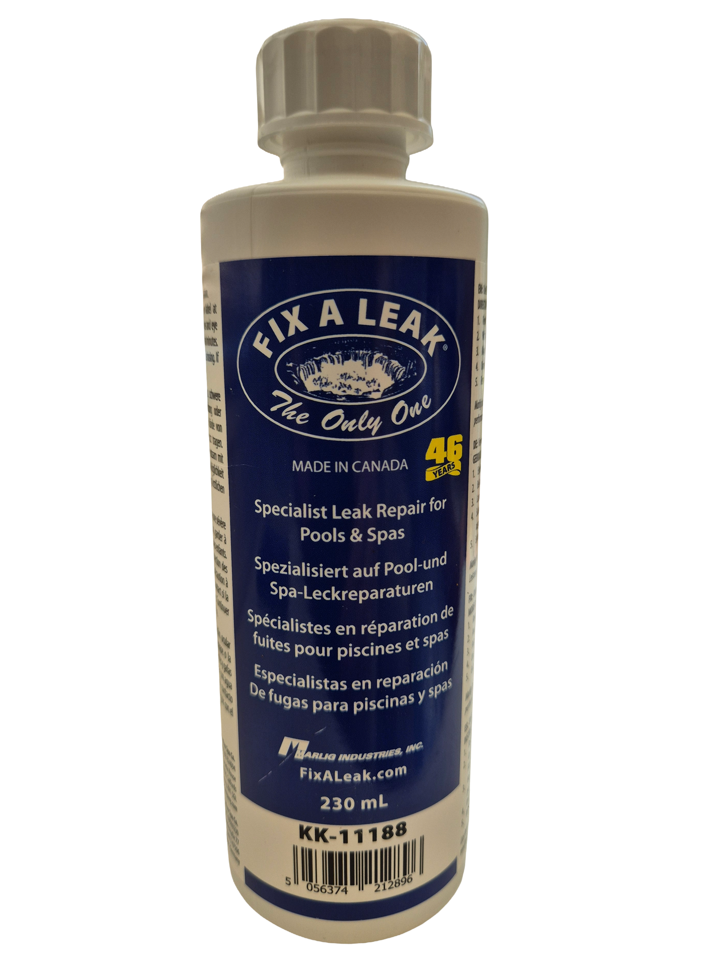 
Bottle of Fix A Leak specialist leak repair for pools and spas on a white background