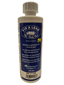 Bottle of Fix A Leak specialist leak repair for pools and spas on a white background
