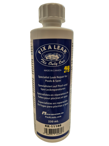 Bottle of Fix A Leak specialist leak repair for pools and spas on a white background
