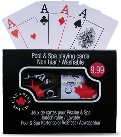 A pack of waterproof playing cards displayed with several cards showing the face of the Aces. The packaging is black with red and white accents and text indicating the product is for pool and spa use, non-tear, and washable.
